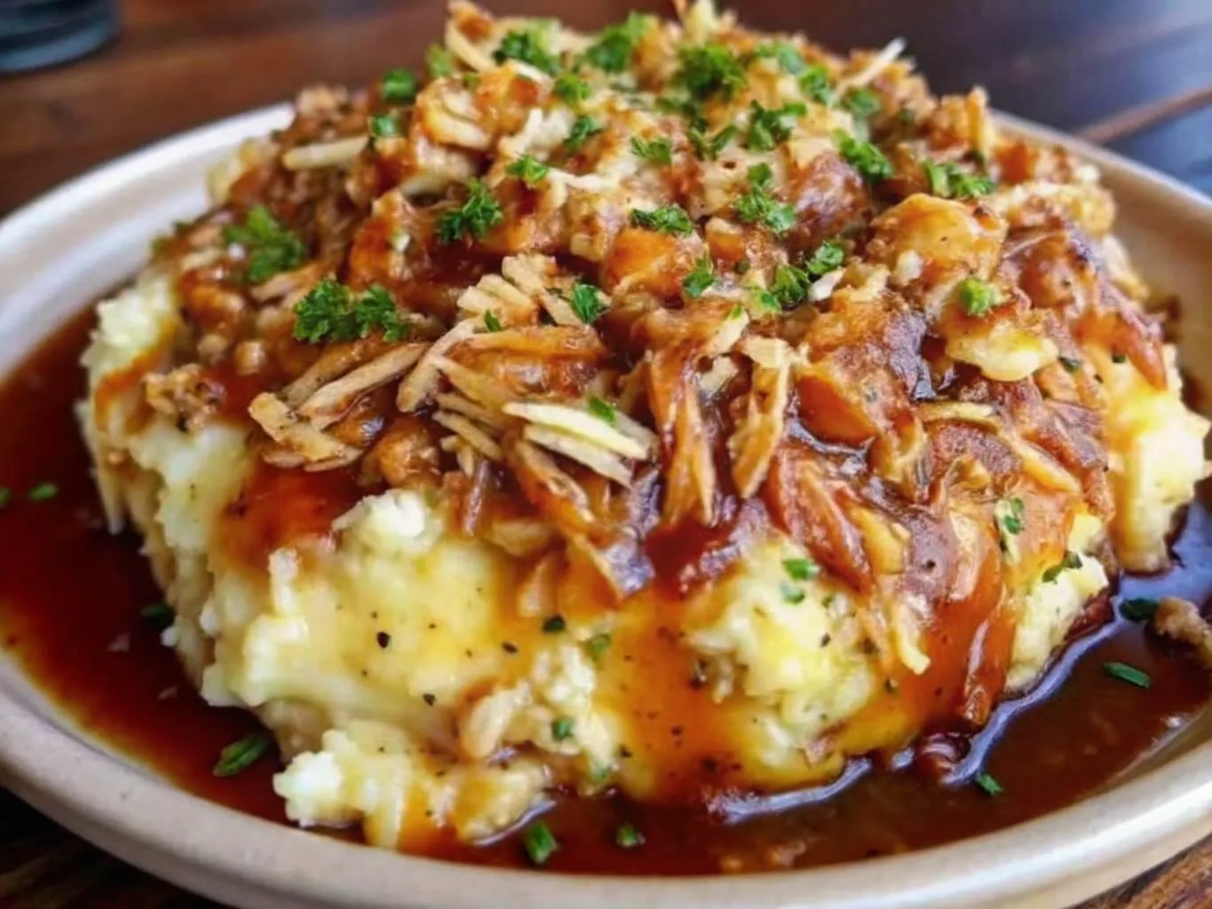 Shredded chicken mashed potato bowl with rich brown gravy and fresh parsley garnish on a plate.
