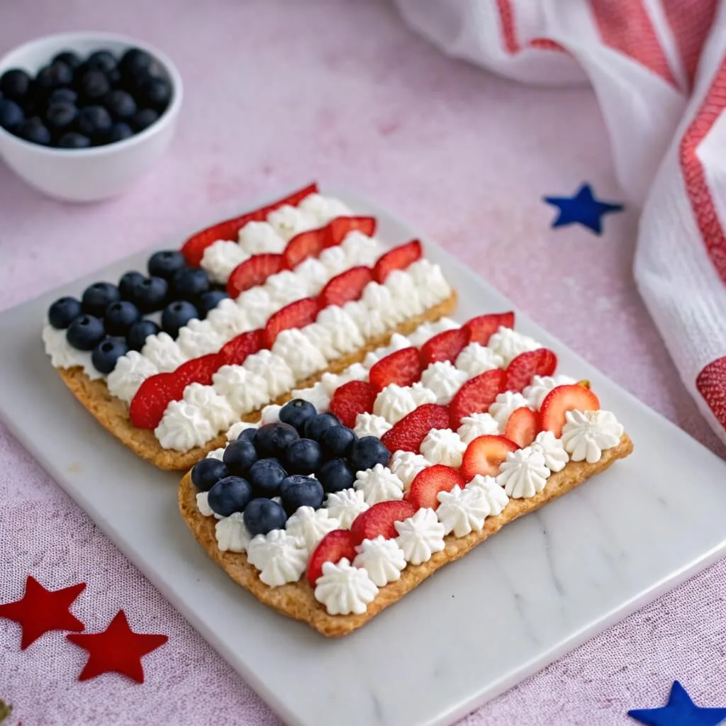 Two flag-themed fruit tarts on a round white plate surrounded by wooden stars and a small American flag.