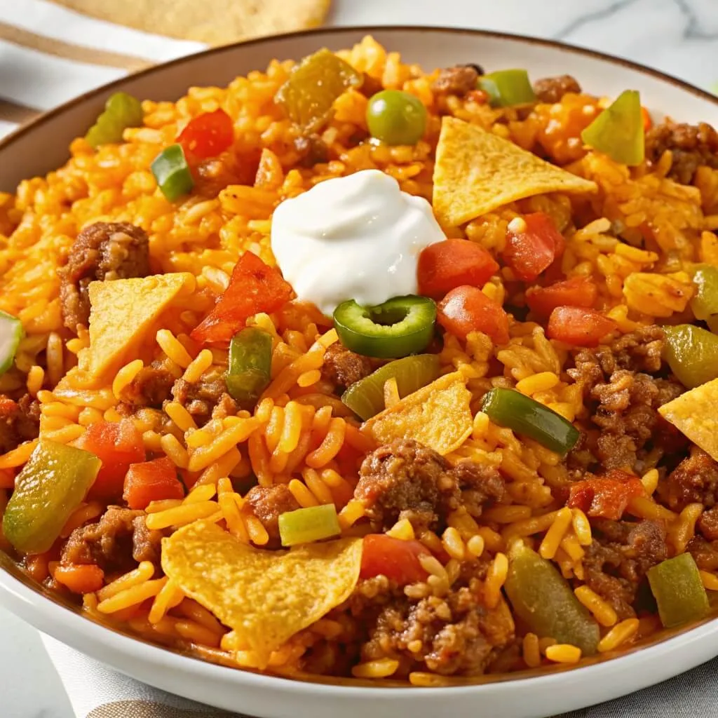 Loaded Mexican taco rice skillet topped with tortilla chips, diced bell peppers, jalapeno, and a dollop of sour cream.