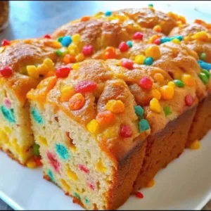 Whole homemade funfetti quick bread loaf topped with vibrant rainbow candy crunch on a plate.