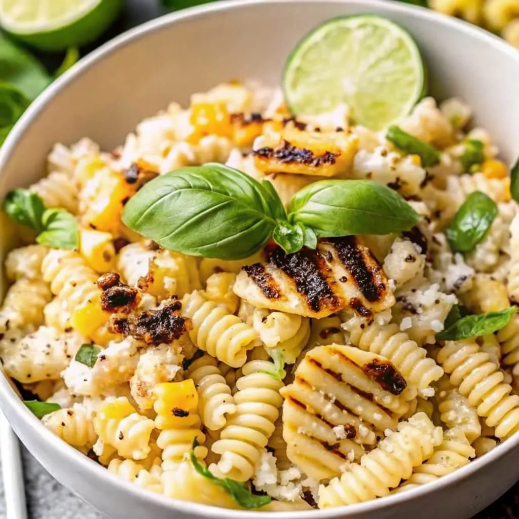 Bowl of summer pasta salad with charred grilled corn, cotija cheese, basil, and a lime wheel garnish.