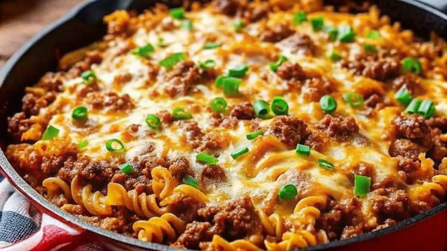 One pot cheesy ground beef and rotini pasta skillet bake garnished with green scallions.