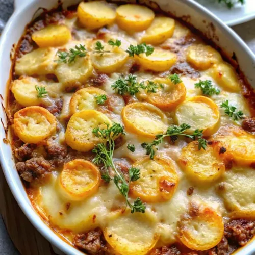 Overhead view of a cottage pie casserole topped with overlapping sliced potatoes, bubbly cheese, and parsley in an oval dish.