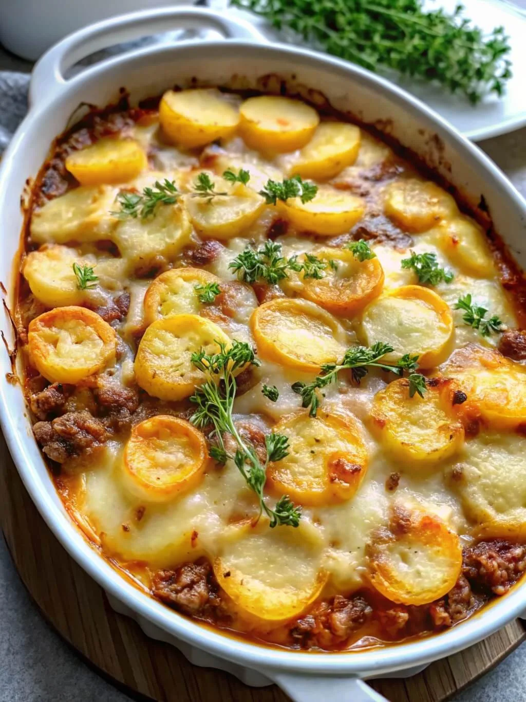 Overhead view of a cottage pie casserole topped with overlapping sliced potatoes, bubbly cheese, and parsley in an oval dish.