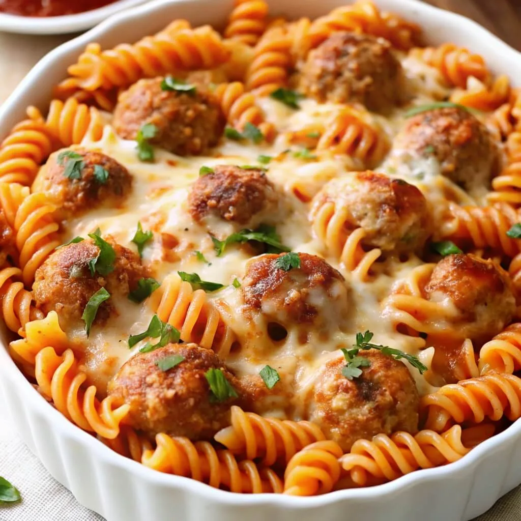 Homemade baked rotini pasta and meatballs covered in melted cheese served in a round fluted white dish.