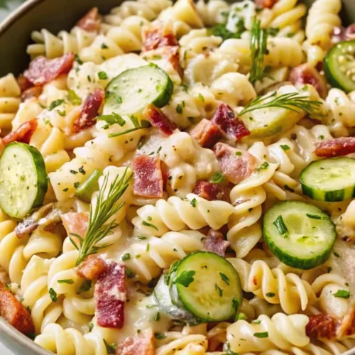 Creamy rotini pasta salad with crisp cucumber slices, smoky bacon pieces, and fresh herbs in a grey bowl.