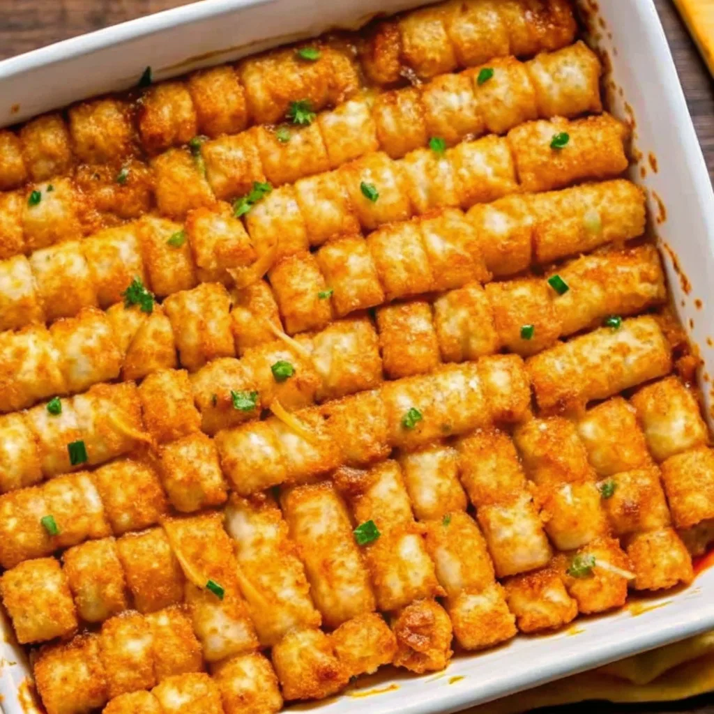 Overhead view of a ground beef tater tot hotdish casserole neatly arranged in a grid pattern inside a white baking pan.