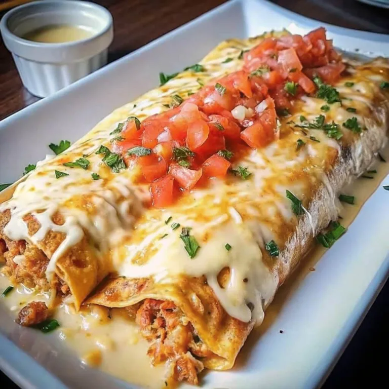 A large smothered burrito on a white rectangular plate, topped with a thick layer of melted white cheese and fresh tomato salsa.