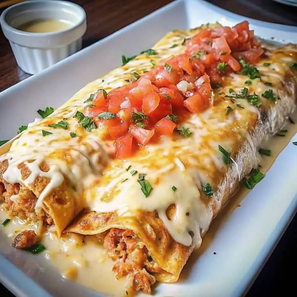 A large smothered burrito on a white rectangular plate, topped with a thick layer of melted white cheese and fresh tomato salsa.