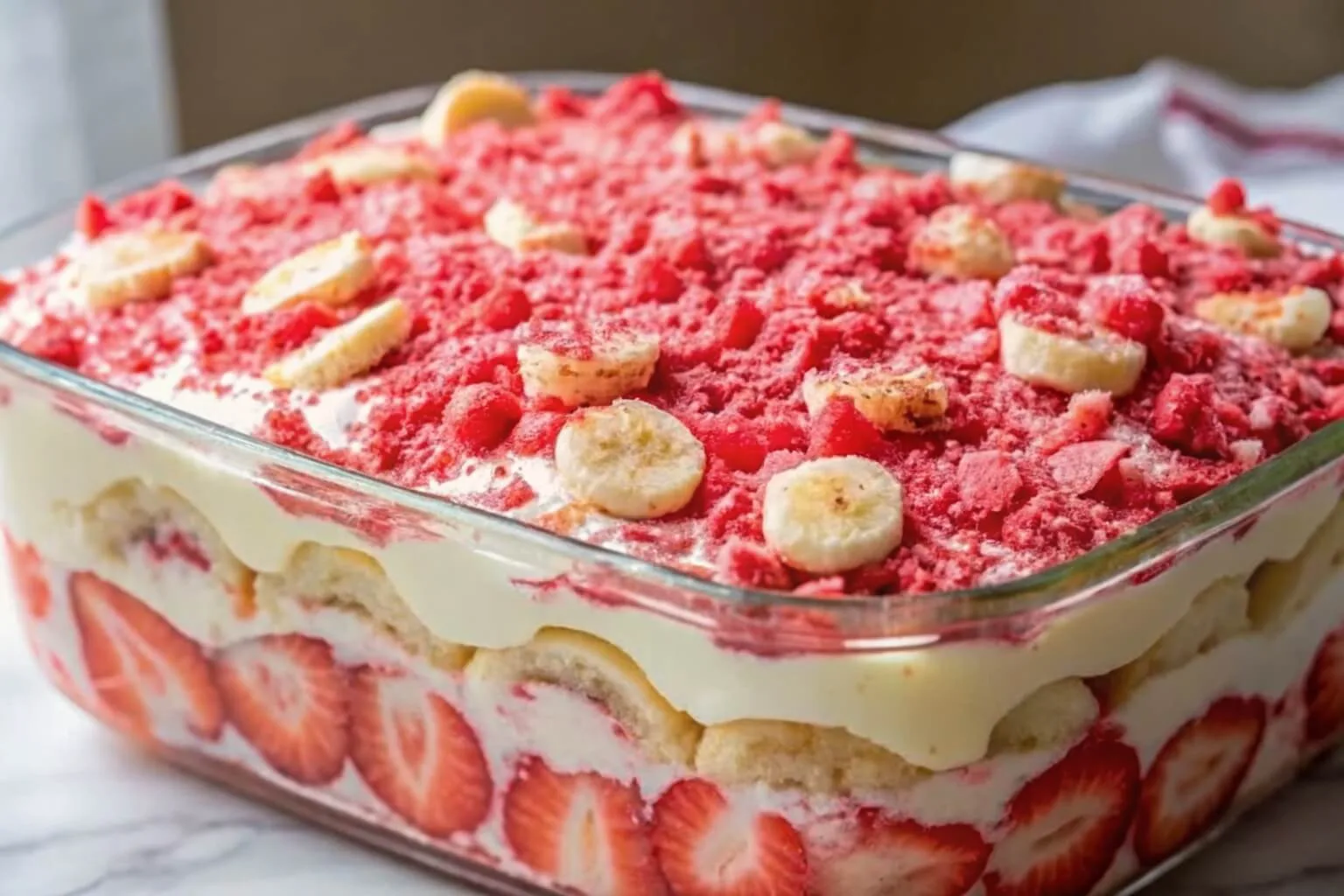 A glass baking dish filled with a layered strawberry banana icebox cake showing fresh strawberry slices along the side.