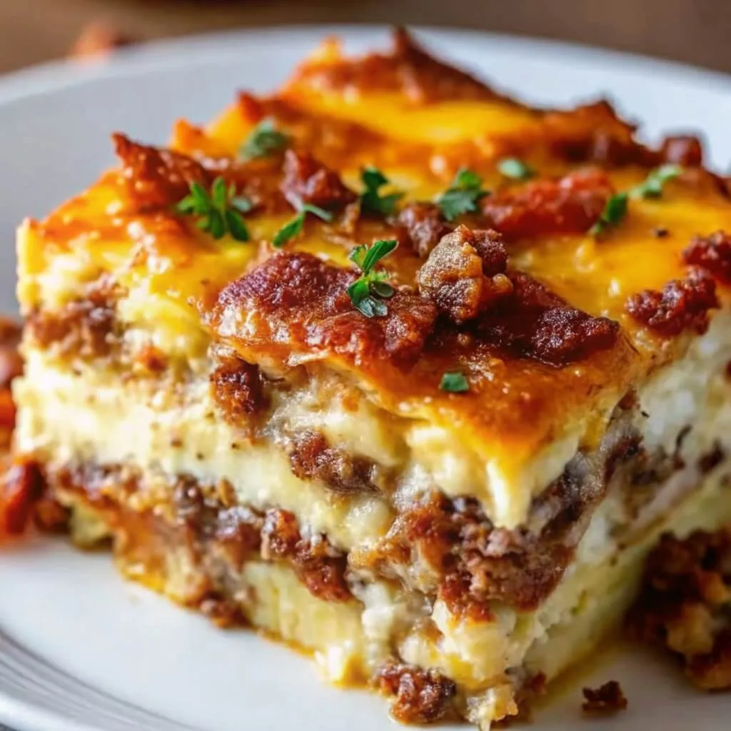 A square slice of layered ground beef casserole with melted cheese and fresh parsley garnish on a white plate.