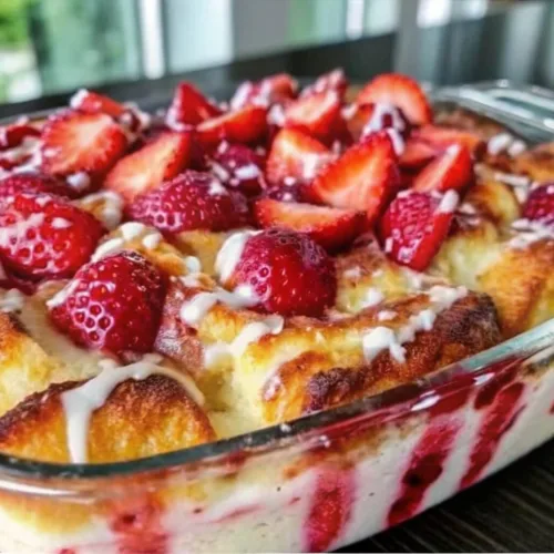 Side view of a glass baking dish containing strawberry monkey bread with visible layers of red fruit swirl and cream cheese glaze.