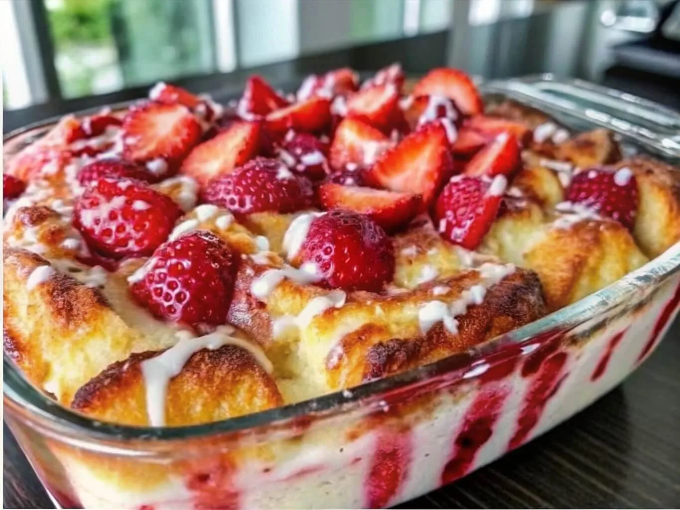 Side view of a glass baking dish containing strawberry monkey bread with visible layers of red fruit swirl and cream cheese glaze.