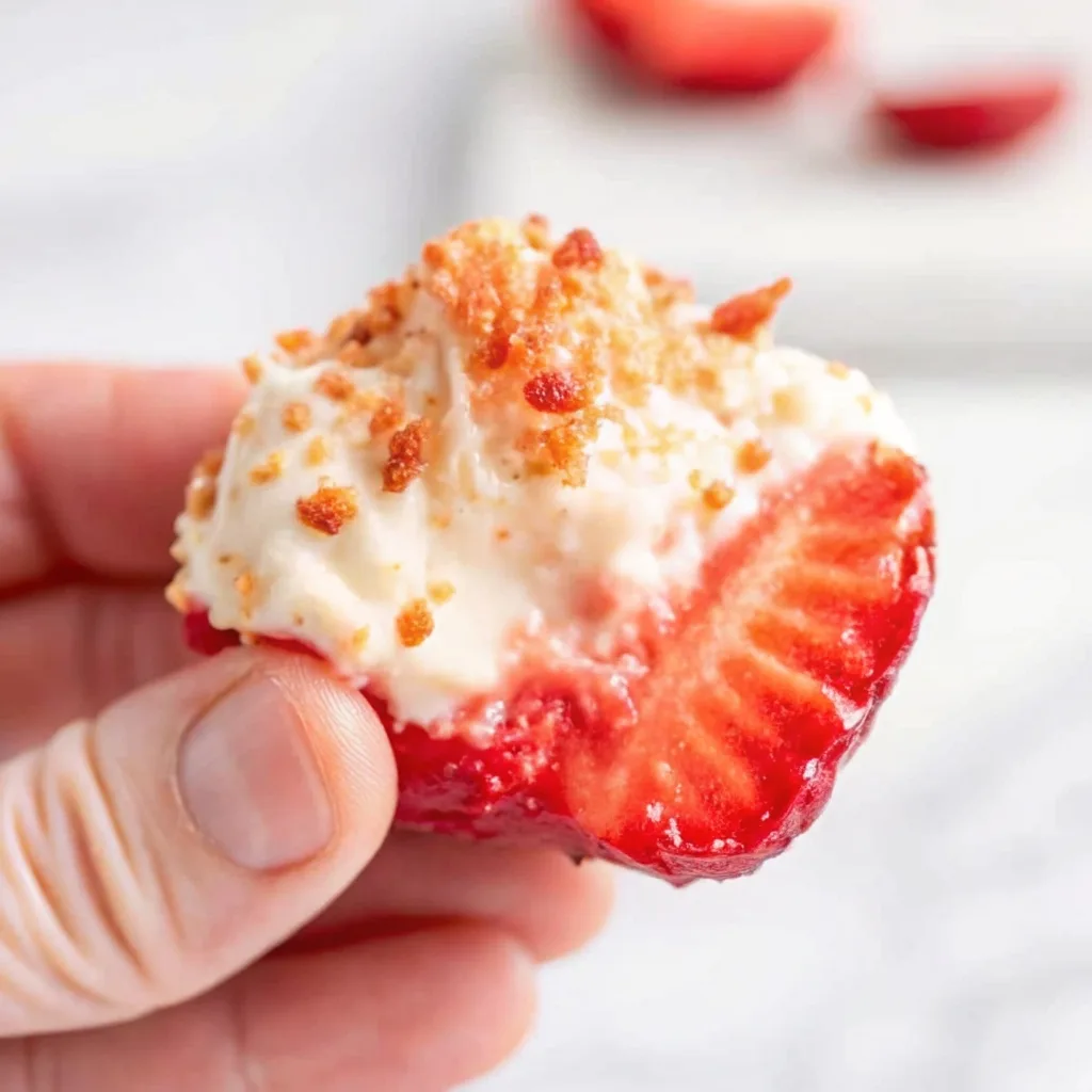 A hand holding a single cream cheese stuffed strawberry bite topped with crushed graham cracker crumbs.