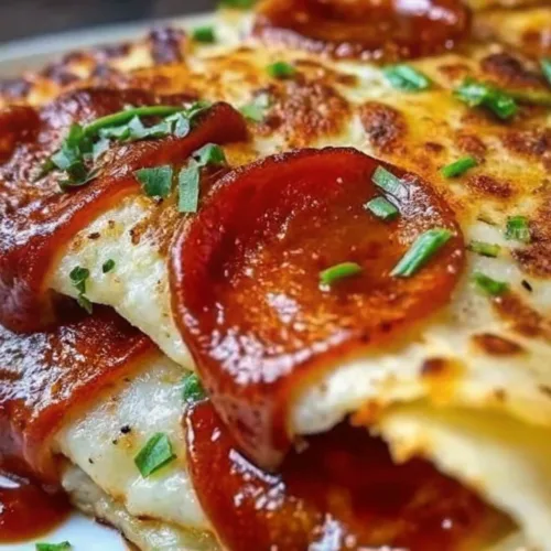 Macro close up of a folded pepperoni pizza wrap showing bubbly melted cheese, pizza sauce, and fresh chives.