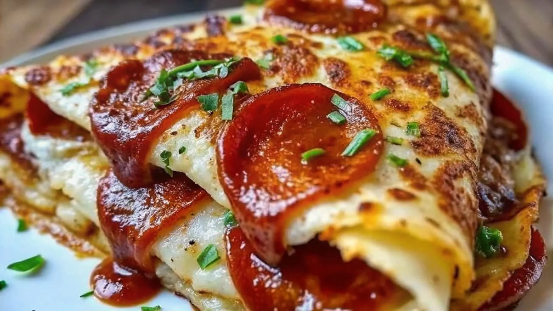 Macro close up of a folded pepperoni pizza wrap showing bubbly melted cheese, pizza sauce, and fresh chives.