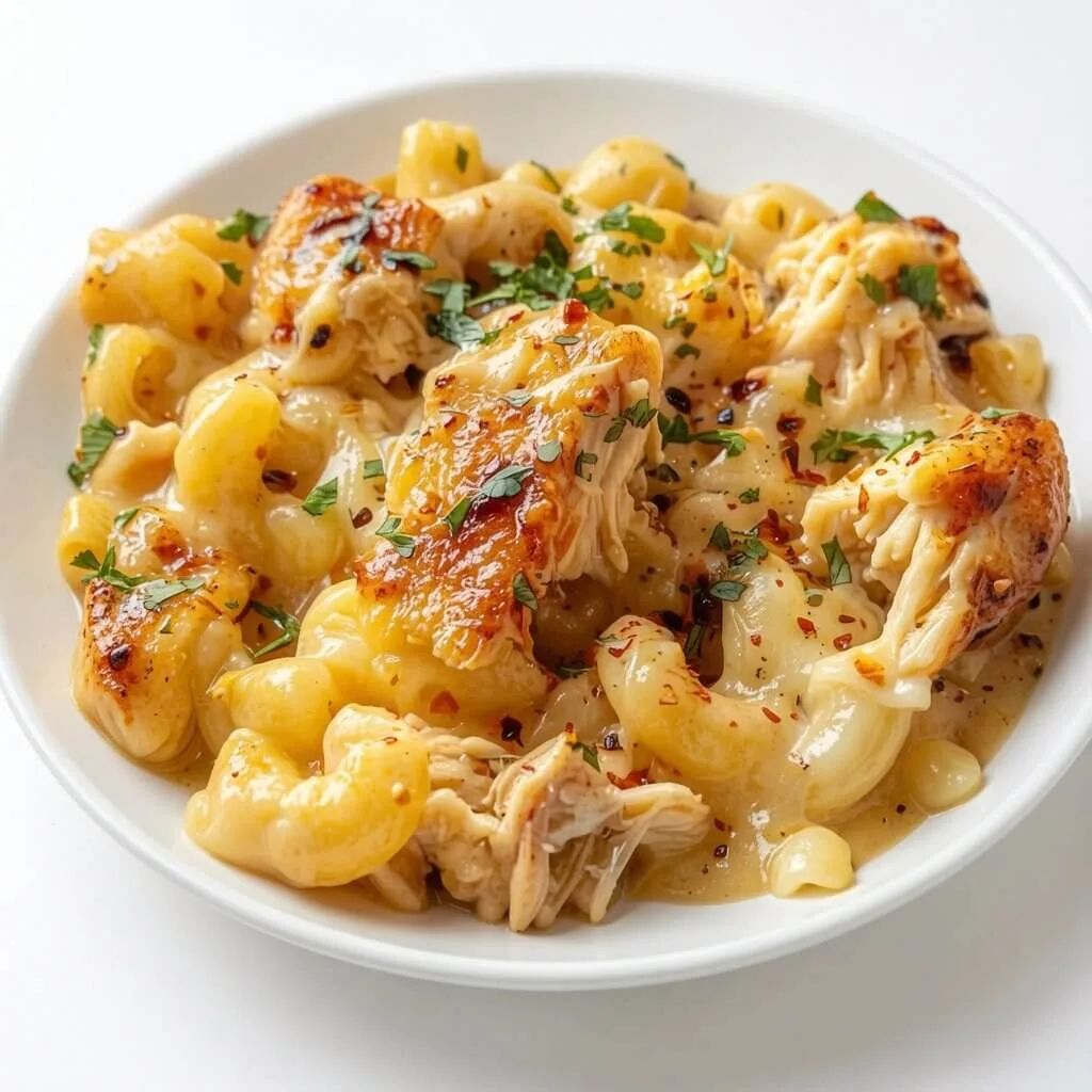 A white bowl filled with creamy garlic chicken pasta topped with a seared chicken breast and chopped herbs.