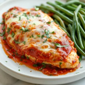 Four baked chicken breast pieces covered in marinara sauce and melted shredded mozzarella cheese in a white baking dish.