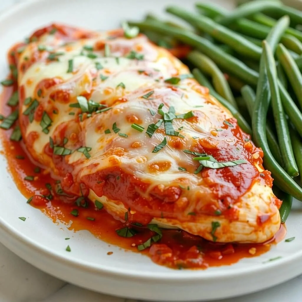 Four baked chicken breast pieces covered in marinara sauce and melted shredded mozzarella cheese in a white baking dish.