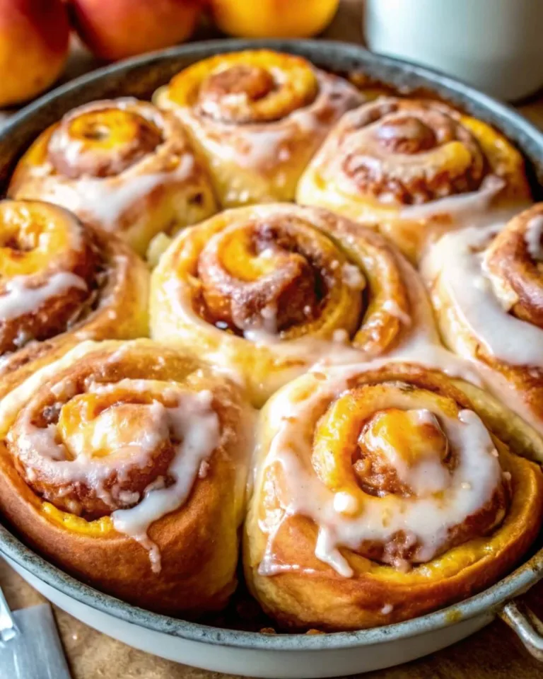 An overhead view of a round baking pan filled with freshly baked, glazed peach sweet rolls next to fresh peaches.