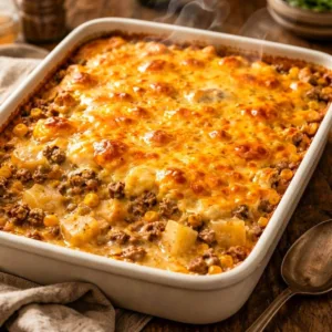 A steaming rectangular white baking dish filled with a baked ground beef potato corn casserole topped with a bubbly browned cheese crust.