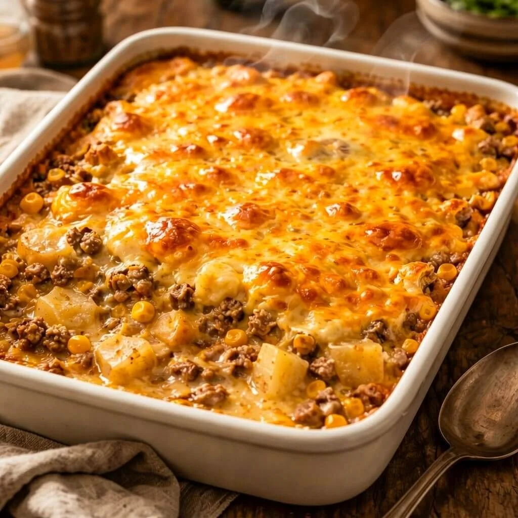 A steaming rectangular white baking dish filled with a baked ground beef potato corn casserole topped with a bubbly browned cheese crust.