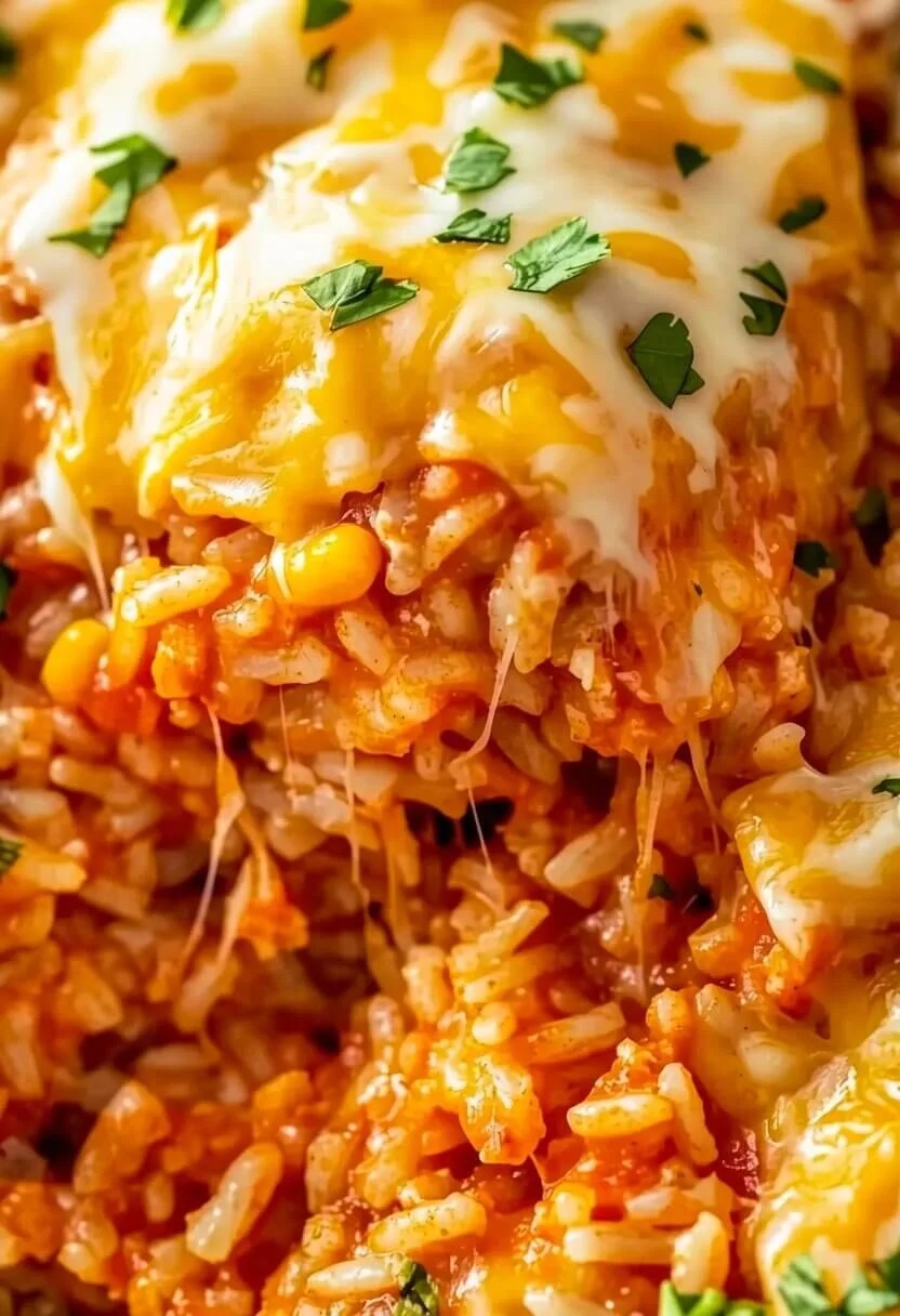 Macro close up of cheesy chicken fiesta rice bake with stretching melted cheese and sweet corn.