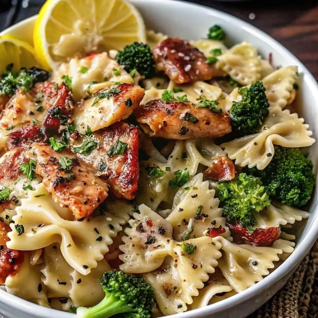 A bowl of chicken farfalle pasta with broccoli and lemon being served with a fork.