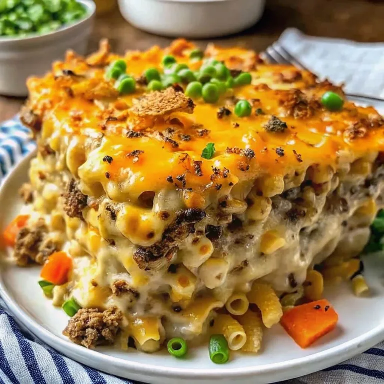 A thick, square slice of cheesy beef pasta casserole served on a white plate with visible layers of noodles, meat, and vegetables.