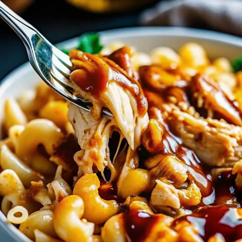 Close-up of crispy, seared BBQ chicken pieces mixed into gooey macaroni and cheese in a white bowl.