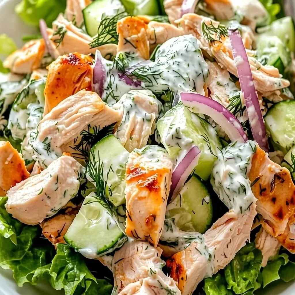 Close up of a healthy low carb chicken tzatziki salad tossed with fresh sliced cucumbers, red onion, and dill yogurt dressing.