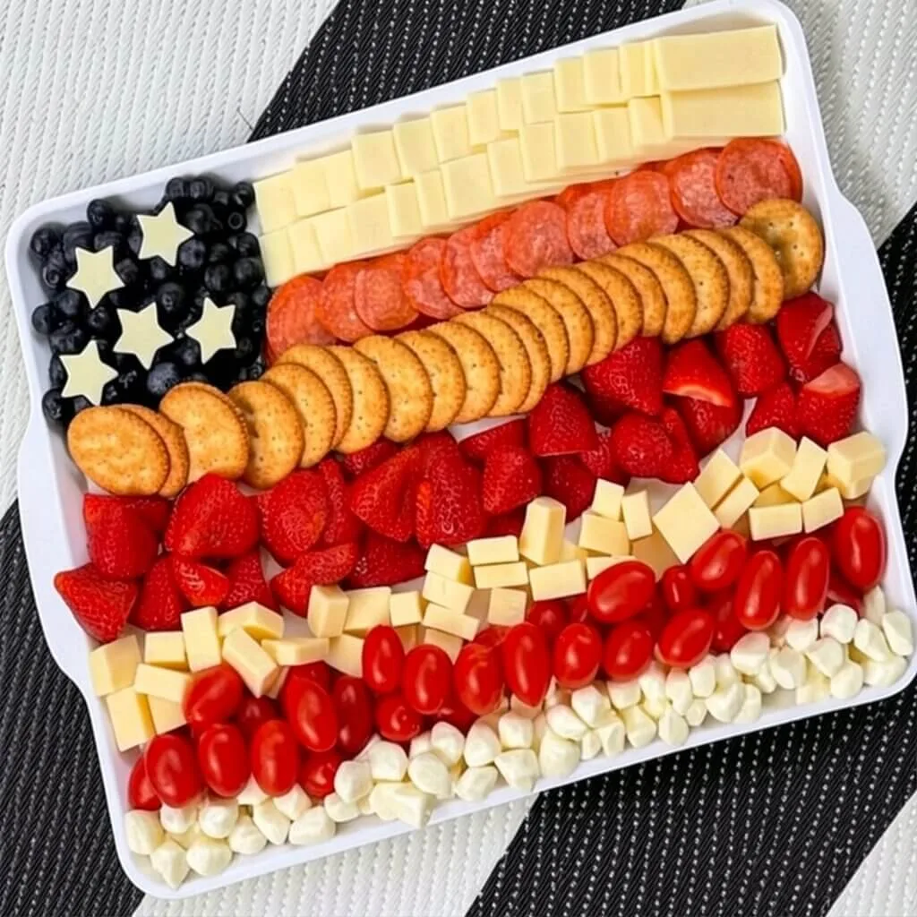 Top down close up of a patriotic flag meat and cheese tray for a summer holiday party barbecue.