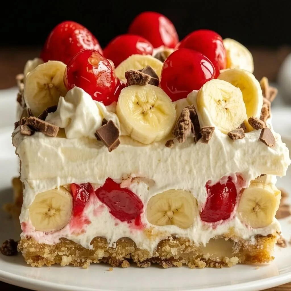 A tight macro shot showcasing the defined pudding, fruit, and whipped cream layers of a banana split dessert.