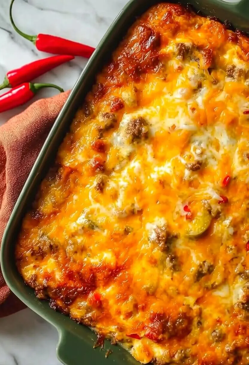 Overhead view of a rectangular green baking dish filled with a cheesy low carb philly cheesesteak casserole next to red chili peppers.
