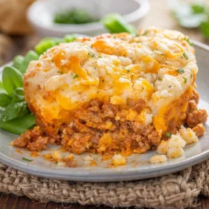A close up plated serving of classic homemade shepherd's pie showcasing the layers of savory meat filling and cheesy mashed potatoes.