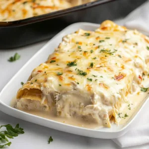 Side profile shot of a best white sauce enchilada recipe showing the shredded chicken filling and creamy white sauce texture on a platter.