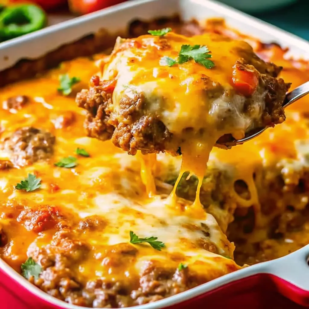 A large serving spoon scooping a portion of cheesy ground beef casserole out of a baking dish with a long cheese pull.