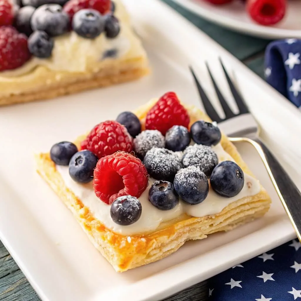 A large rectangular slab tart decorated with rows of berries to look like a flag, surrounded by bowls of fresh fruit and baking supplies.