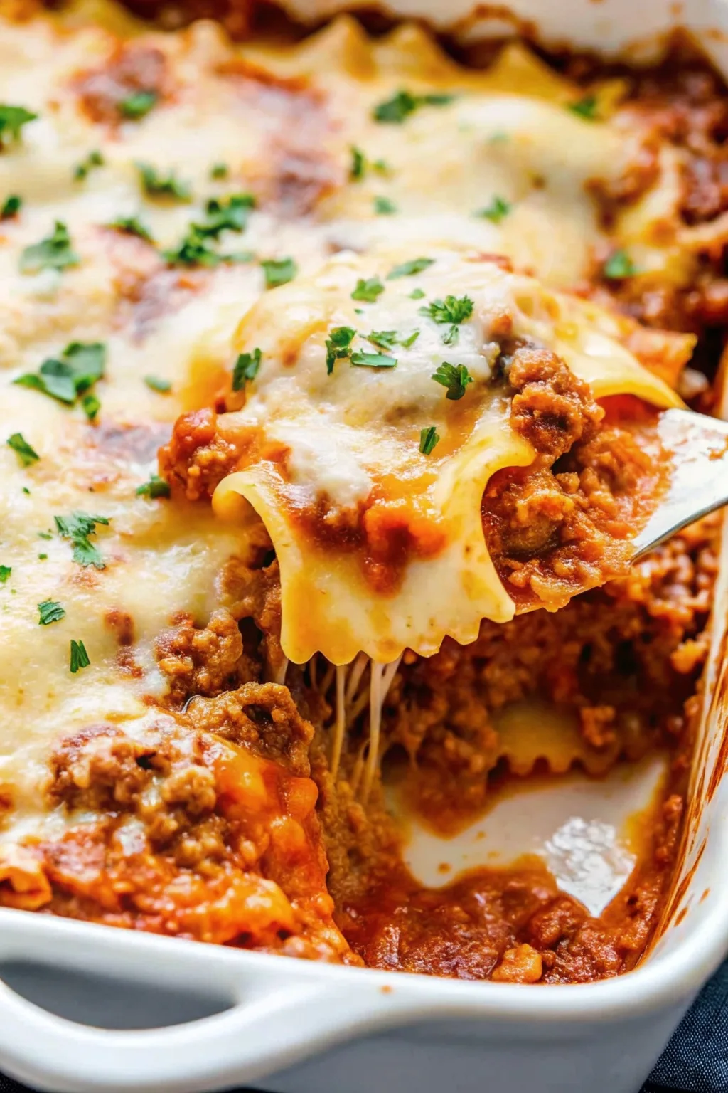 Close-up of a spatula lifting lasagna from a pan with a dramatic cheese pull and rich tomato meat sauce.