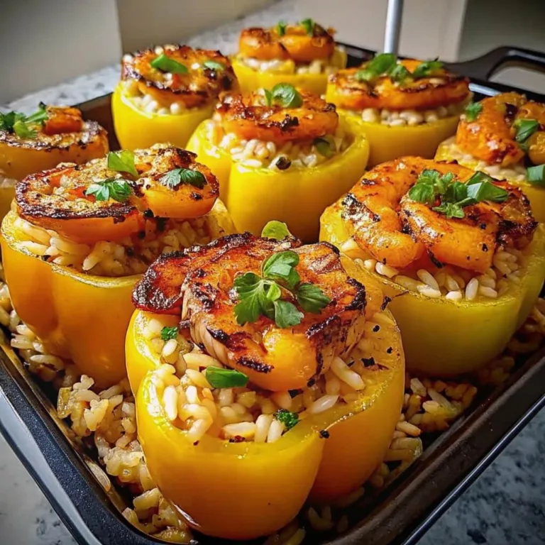 Close-up of roasted yellow bell peppers filled with seasoned rice and topped with a large charred grilled shrimp and fresh parsley.