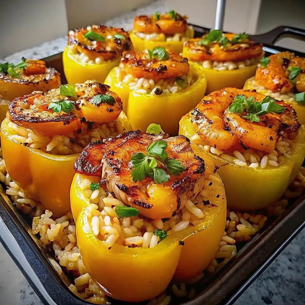 Close-up of roasted yellow bell peppers filled with seasoned rice and topped with a large charred grilled shrimp and fresh parsley.