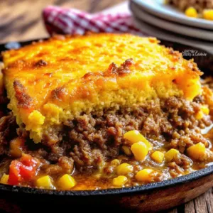 A hot skillet of beef pie topped with golden cornbread, showing a bubbly meat sauce with corn and red peppers at the bottom.