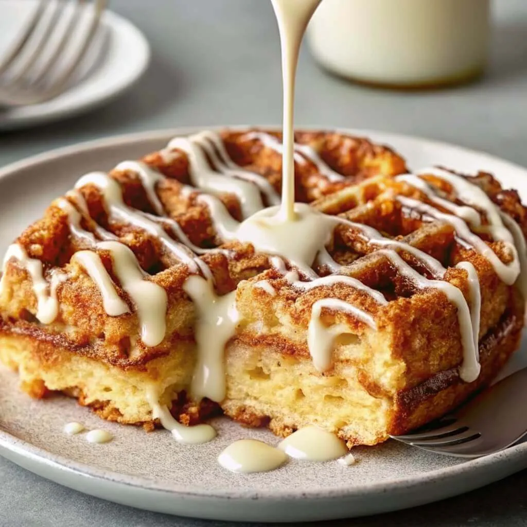 White cream cheese icing being poured from a height onto a thick, square cinnamon swirl waffle.