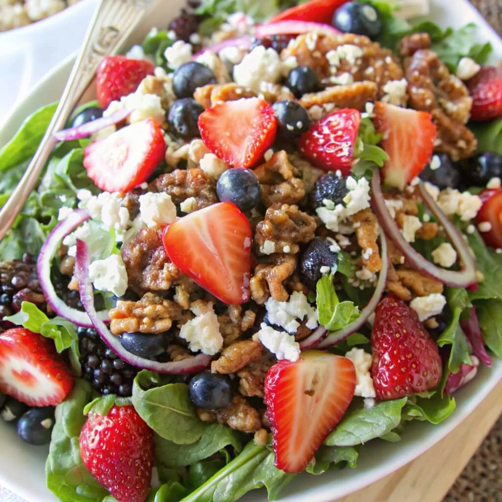 A detailed close-up of a gourmet berry salad highlighting the texture of candied walnuts, sliced strawberries, and creamy feta cheese.