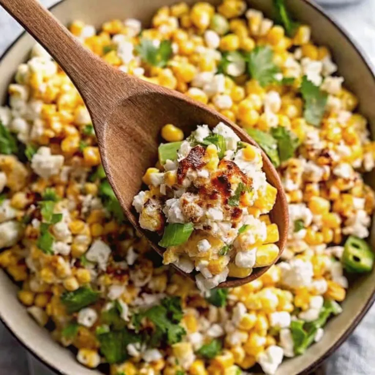 A wooden spoon lifting a serving of charred Mexican corn salad with cheese and cilantro from a large bowl.