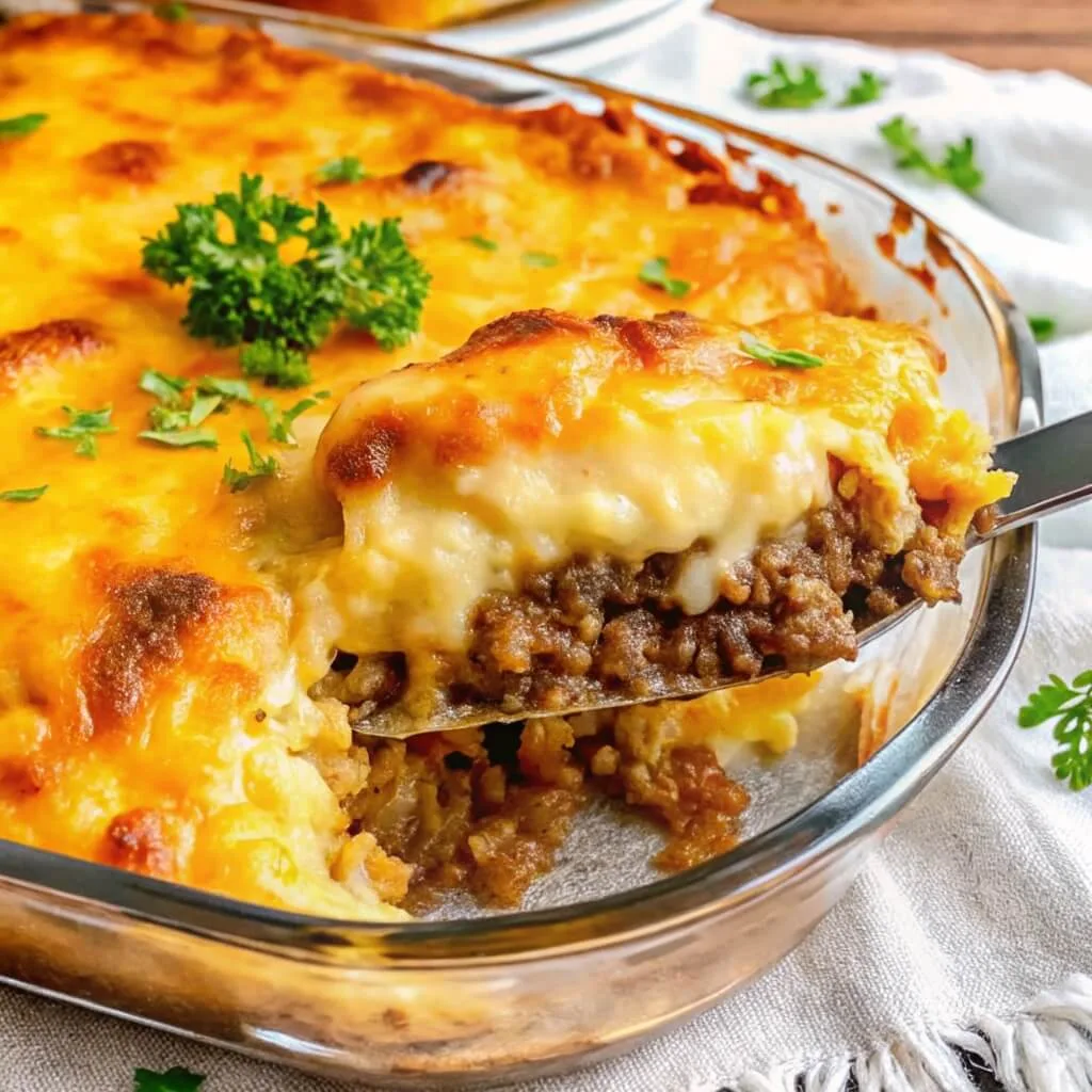 A bright, overhead-angled shot of a beef and potato casserole in a glass dish, featuring a crispy cheese topping and fresh herbs.