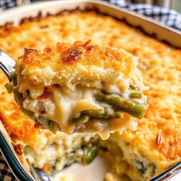 A serving of chicken and green bean casserole being lifted out of a deep baking dish, highlighting the layered vegetables and bubbly cheese crust.