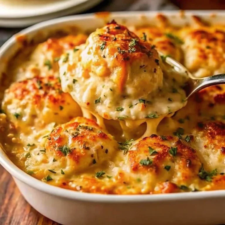 A white baking dish filled with a large chicken cobbler, featuring several golden-brown biscuit rounds smothered in a creamy white gravy sauce.