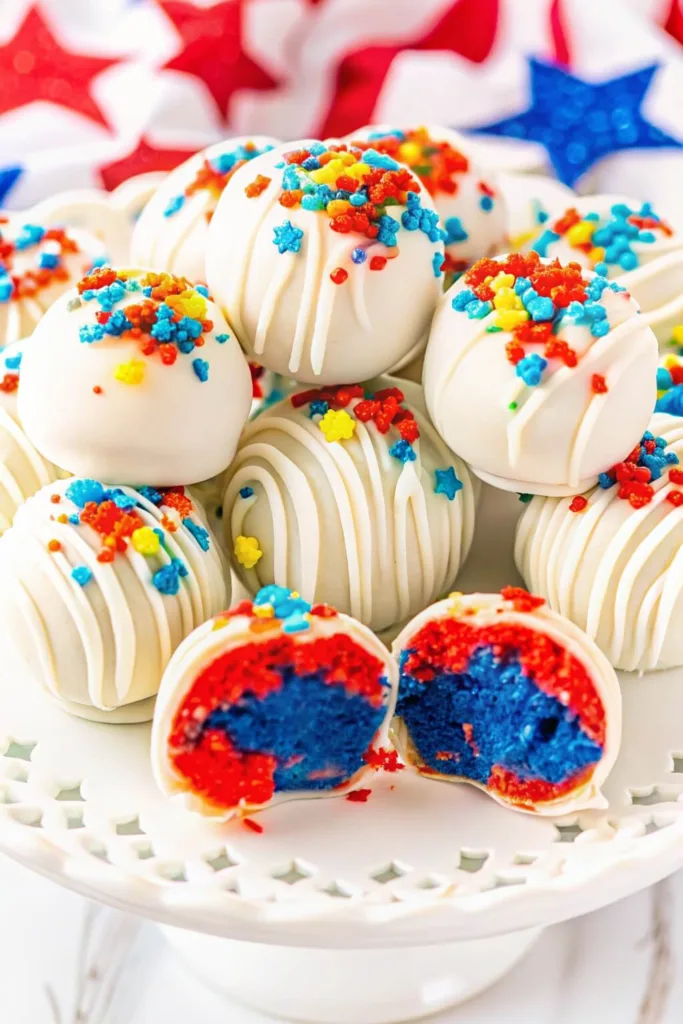 A stack of white-chocolate-covered cake pops on a pedestal stand, decorated with red, blue, and yellow sprinkles, with one pop cut open to show a blue and red marbled interior.