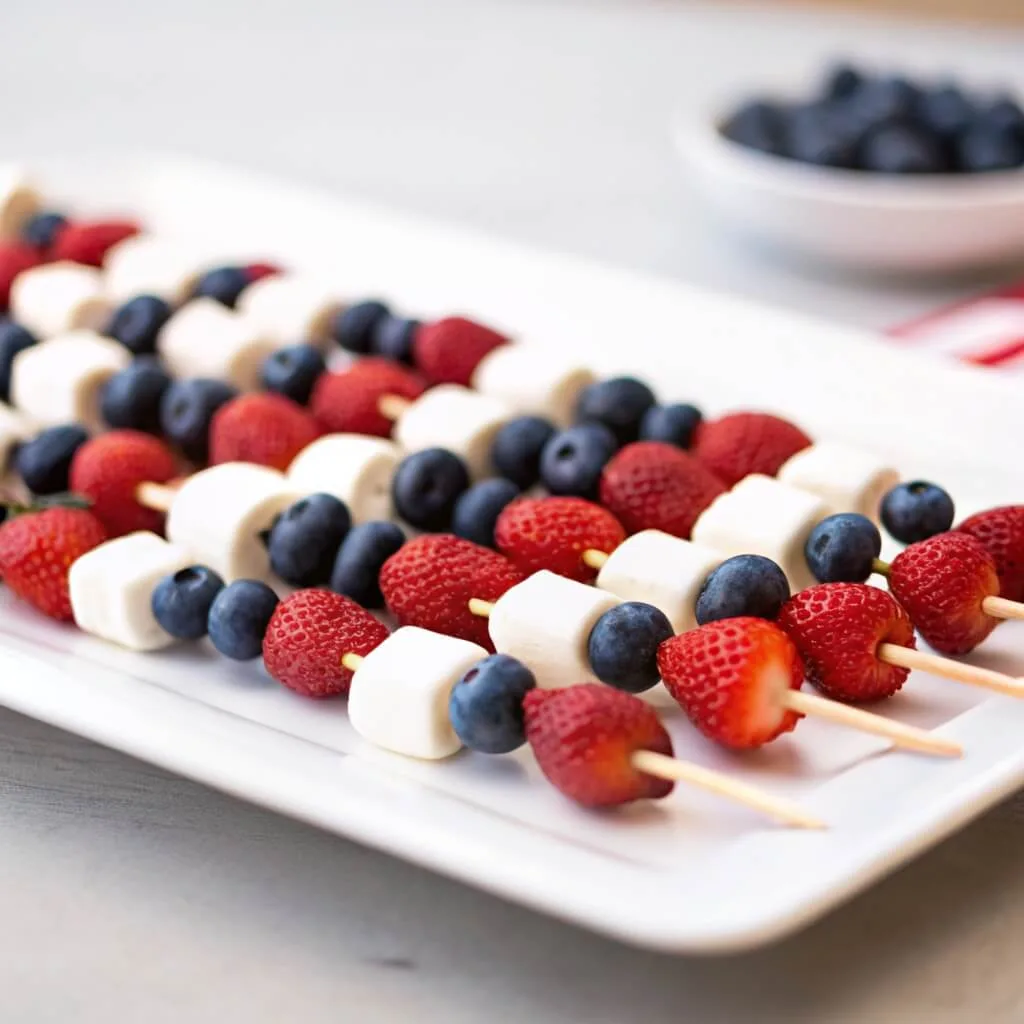 A long white serving platter filled with patriotic fruit kabobs, decorated with strawberries, blueberries, and star-shaped toppers.